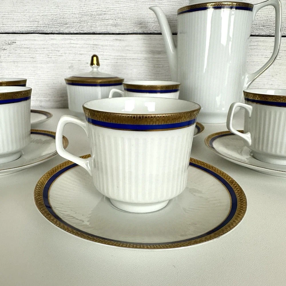 VTG Bareuther Bavaria Germany 100th Anniv. Coffee Set White Cobalt Gold 14 Piece